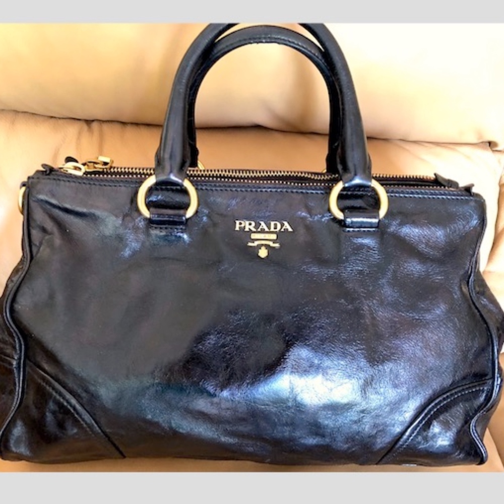 Prada Vitello Shine Black Leather Satchel in Women